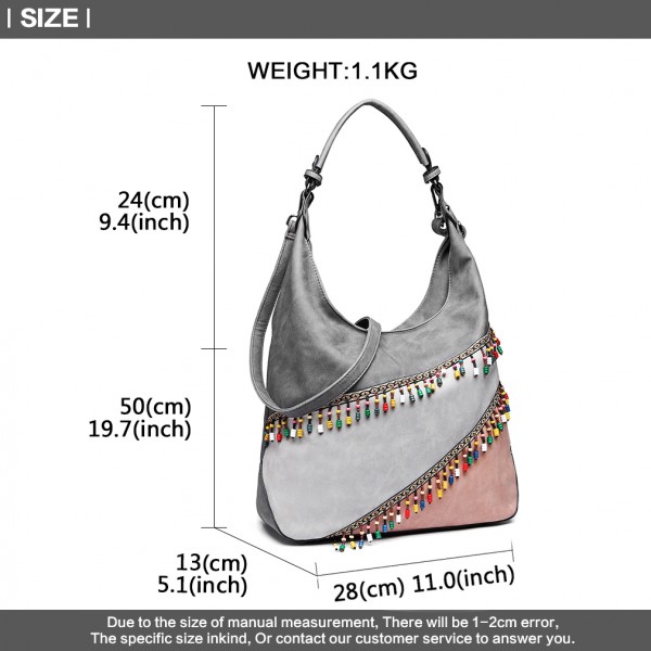 LH6810 - Miss Lulu Beaded Colour Block Hobo Shoulder Bag - Light Grey